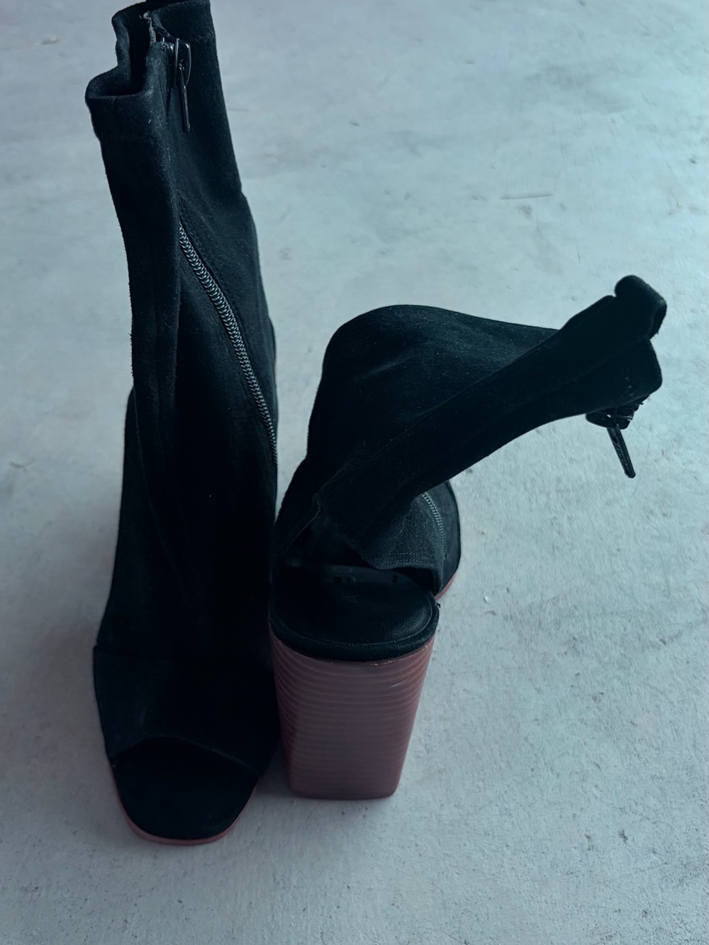 Aldo Black Suede Peep-Toe Block Heel Boots